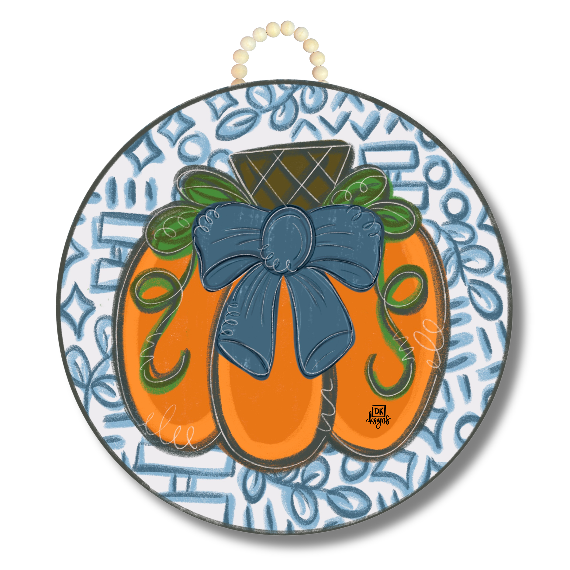 Blue Bow Pumpkin Circle Door Hanger